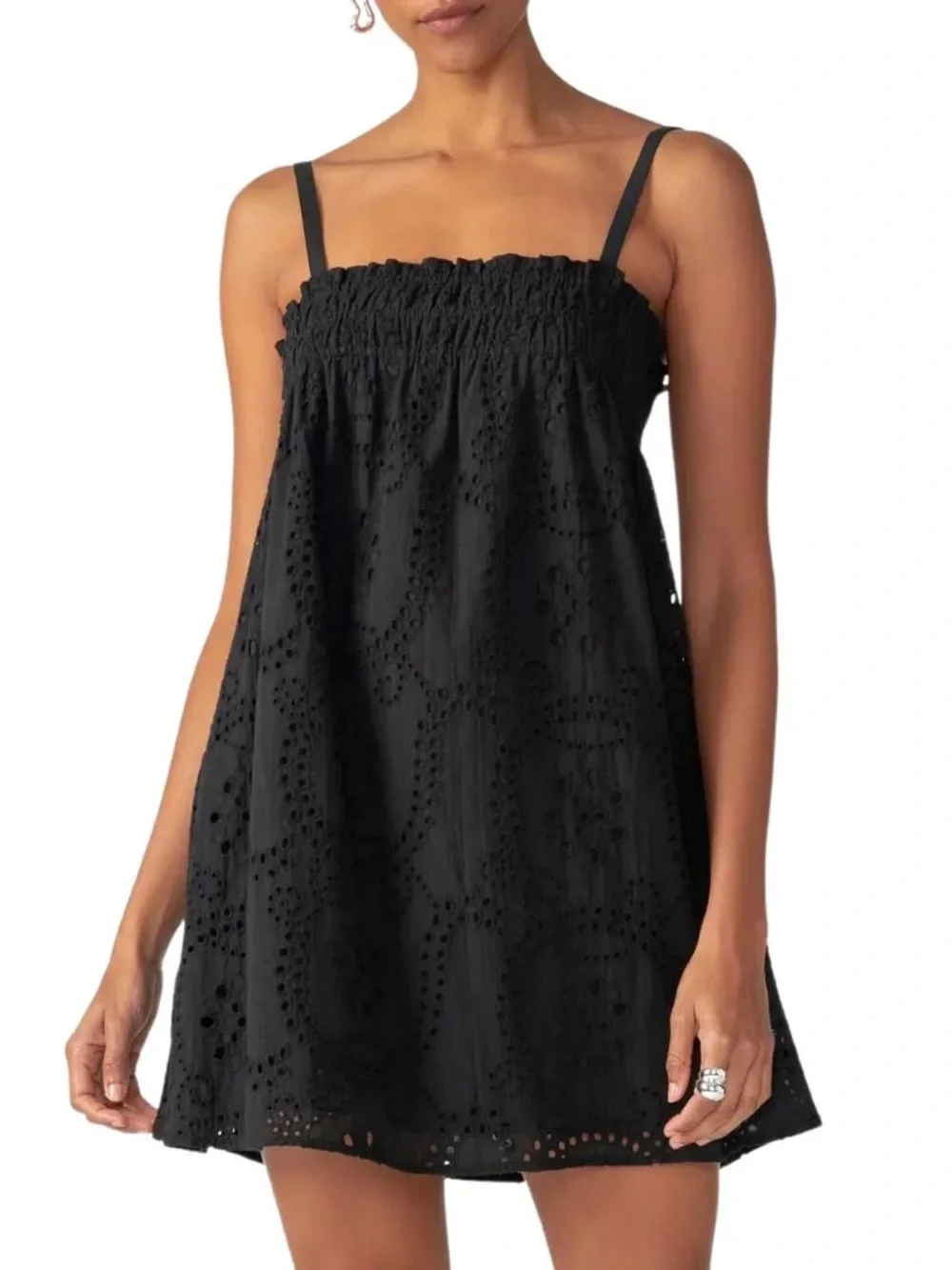 Sanctuary - Black Eyelet Smocked Mini Dress - Picture 1 of 3